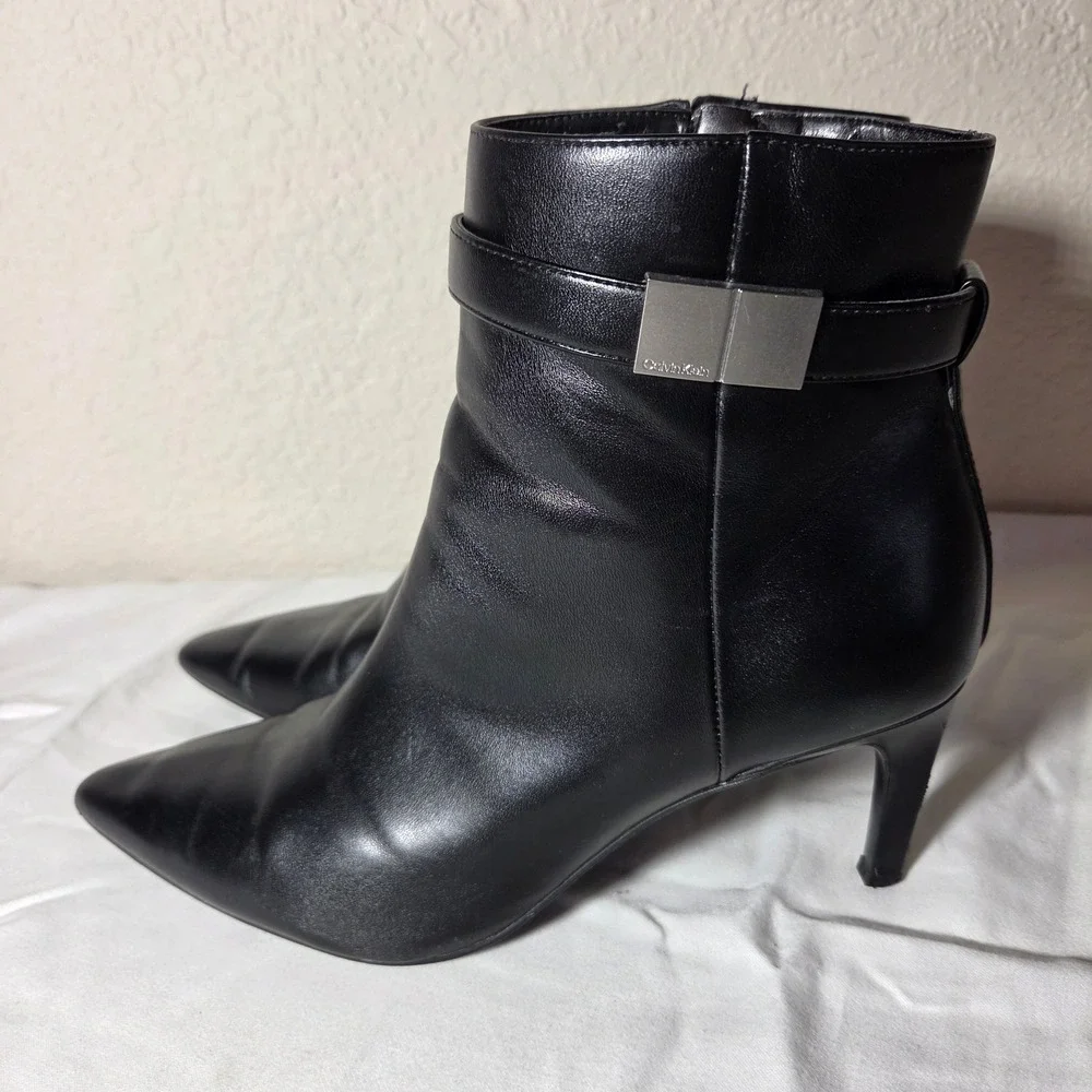 Calvin Klein Black Leather Pointed Toe Ankle Boots Silver Logo Hardware W9.5M